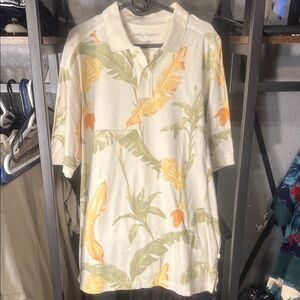 Tommy Bahama Cream and Orange Leaf Print Polo